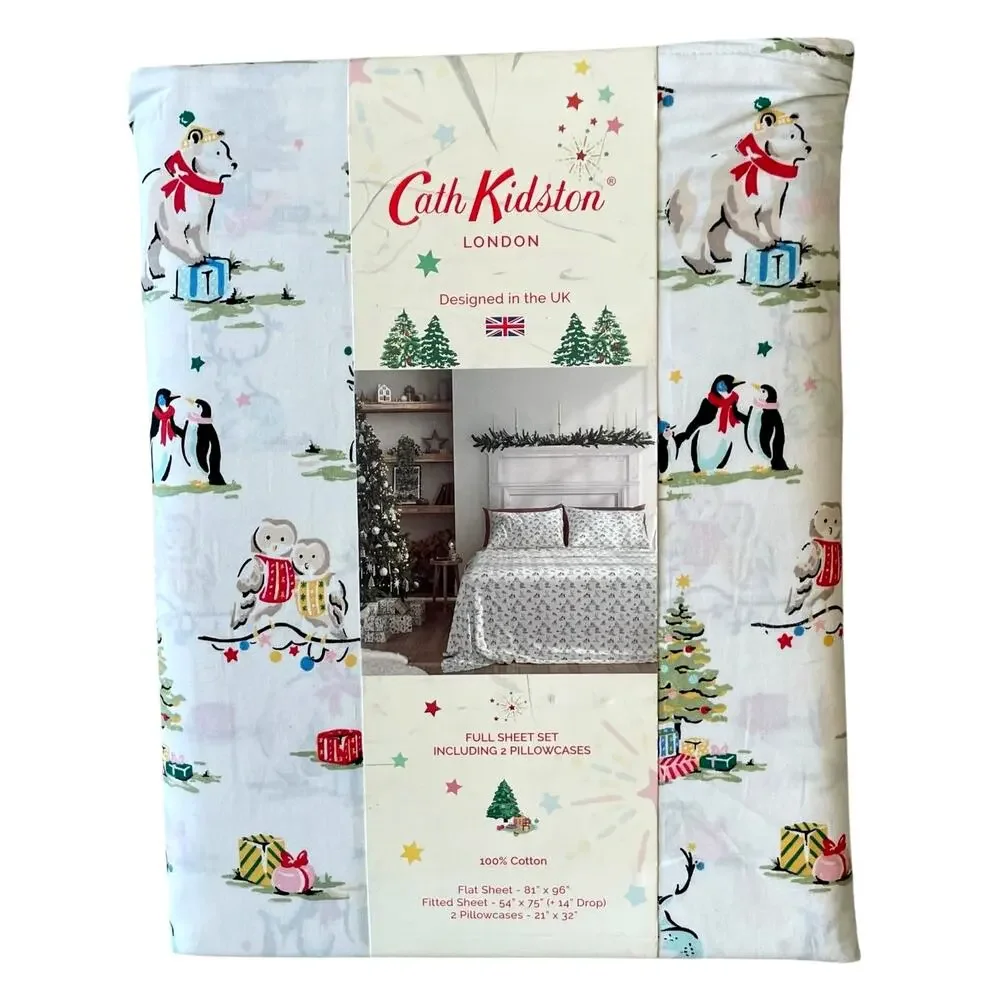 Cath Kidston London 4pc FULL Sheet Set Christmas Animals Cream Cotton NEW